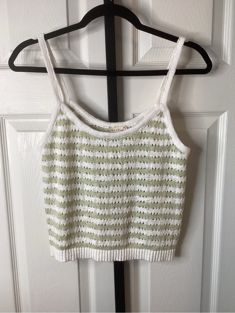 Hem & Thread White and Light Green Striped Crochet Knit Tank, size Medium, NWT